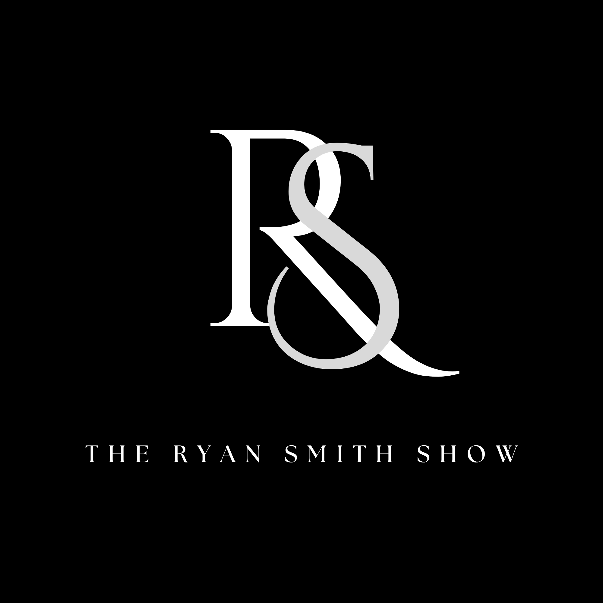 Logo for 'The Ryan Smith Show' featuring interlinked white and gray letters R and S on a black background, with the show title beneath.