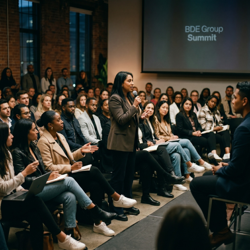 A woman standing and speaking in Toronto at a conference with a large audience seated and listening. A presentation slide reads 'BDE Founder Summit' in the background.