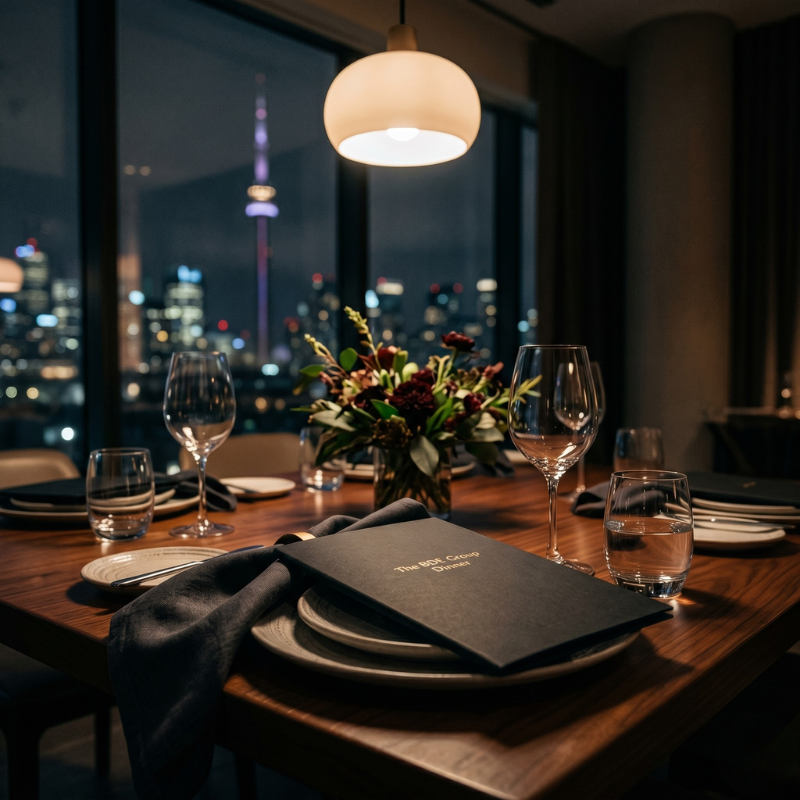 Elegant dining table set with wine glasses, water glasses, a floral centerpiece, black napkins, and a menu, with the Toronto skyline visible through the window.