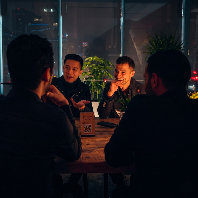 Group of four entrepreneur's having a lively conversation at an invitation only event hosted at a Toronto restaurant by BDE.