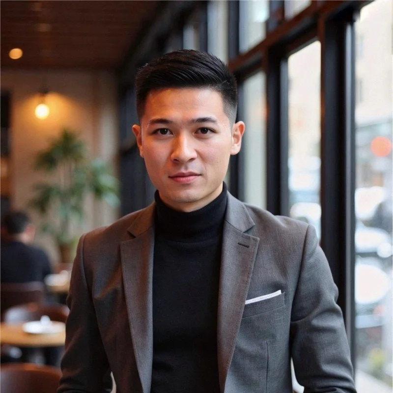 A young man in a gray suit and black turtleneck sitting in a cafe near large windows.