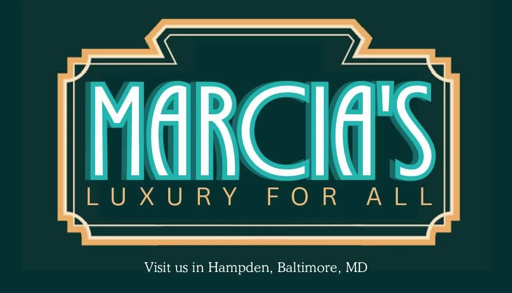 Marcia's Luxury For All logo with a teal background and beige border, and an address in Baltimore, MD.