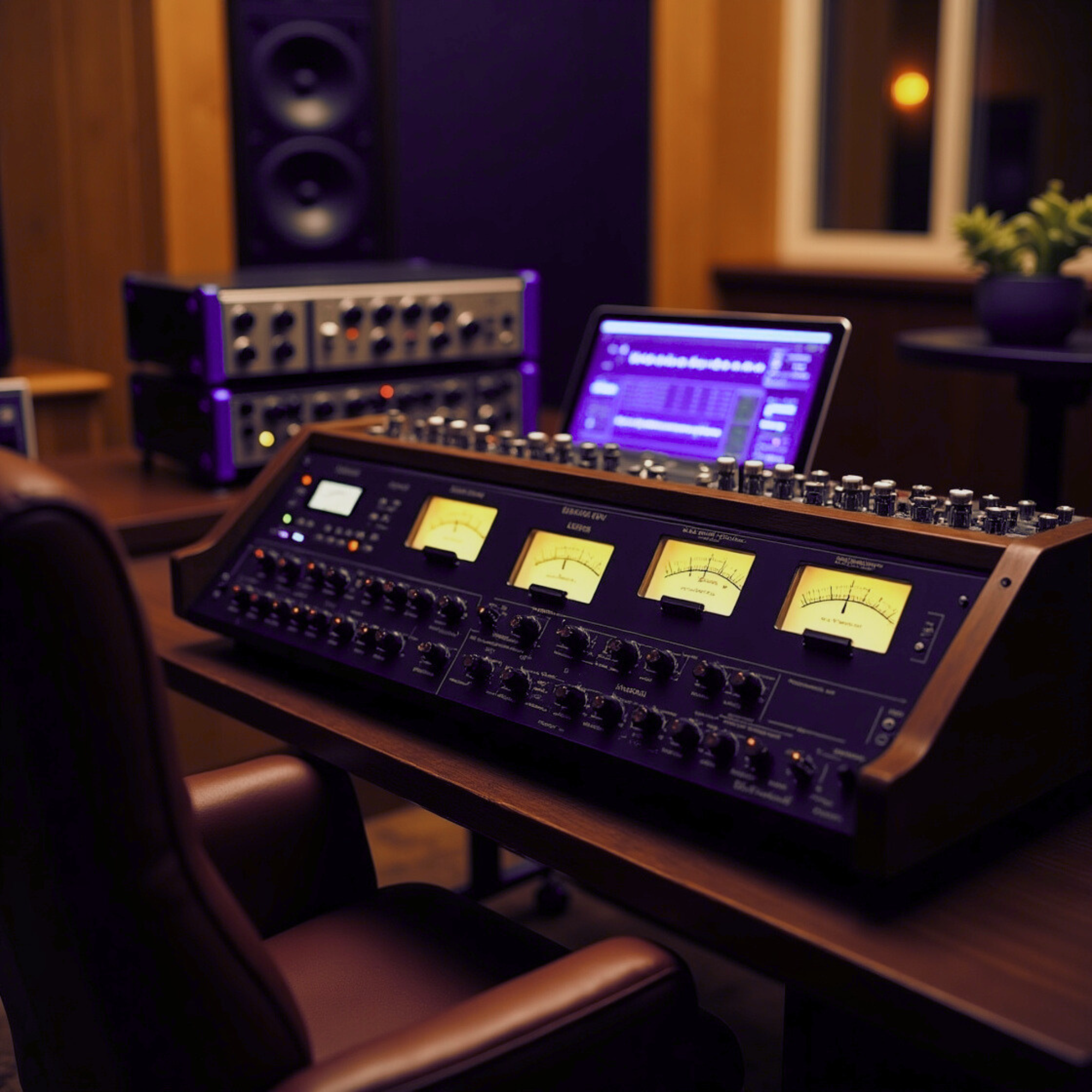 Recording studio with audio mixing equipment and computer monitor in a dimly lit room