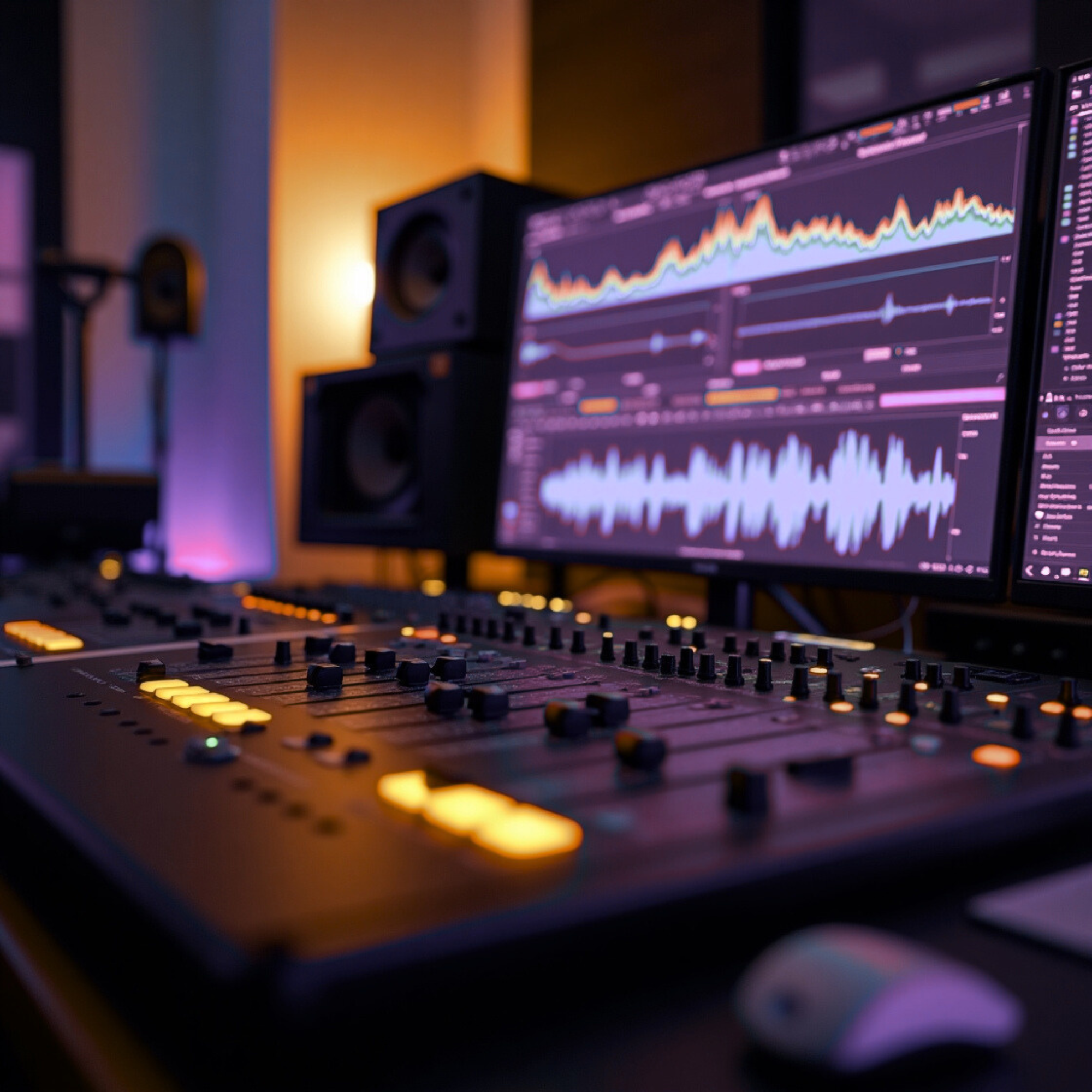Close-up view of a music production studio with a mixing console, multiple computer monitors displaying audio waveforms, and studio speakers, illuminated by purple and yellow ambient lighting.