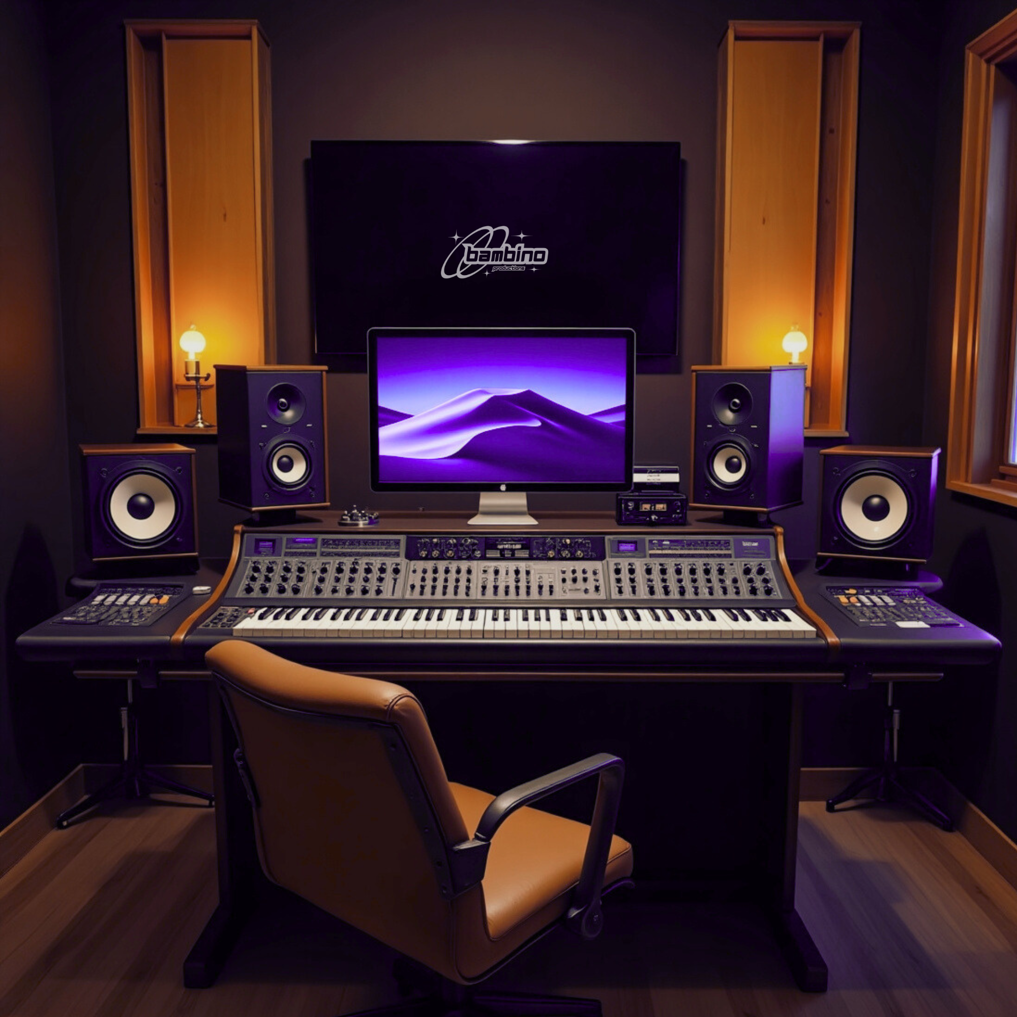Recording studio with a mixing console, monitors, and a computer screen, featuring acoustic panels and warm lighting