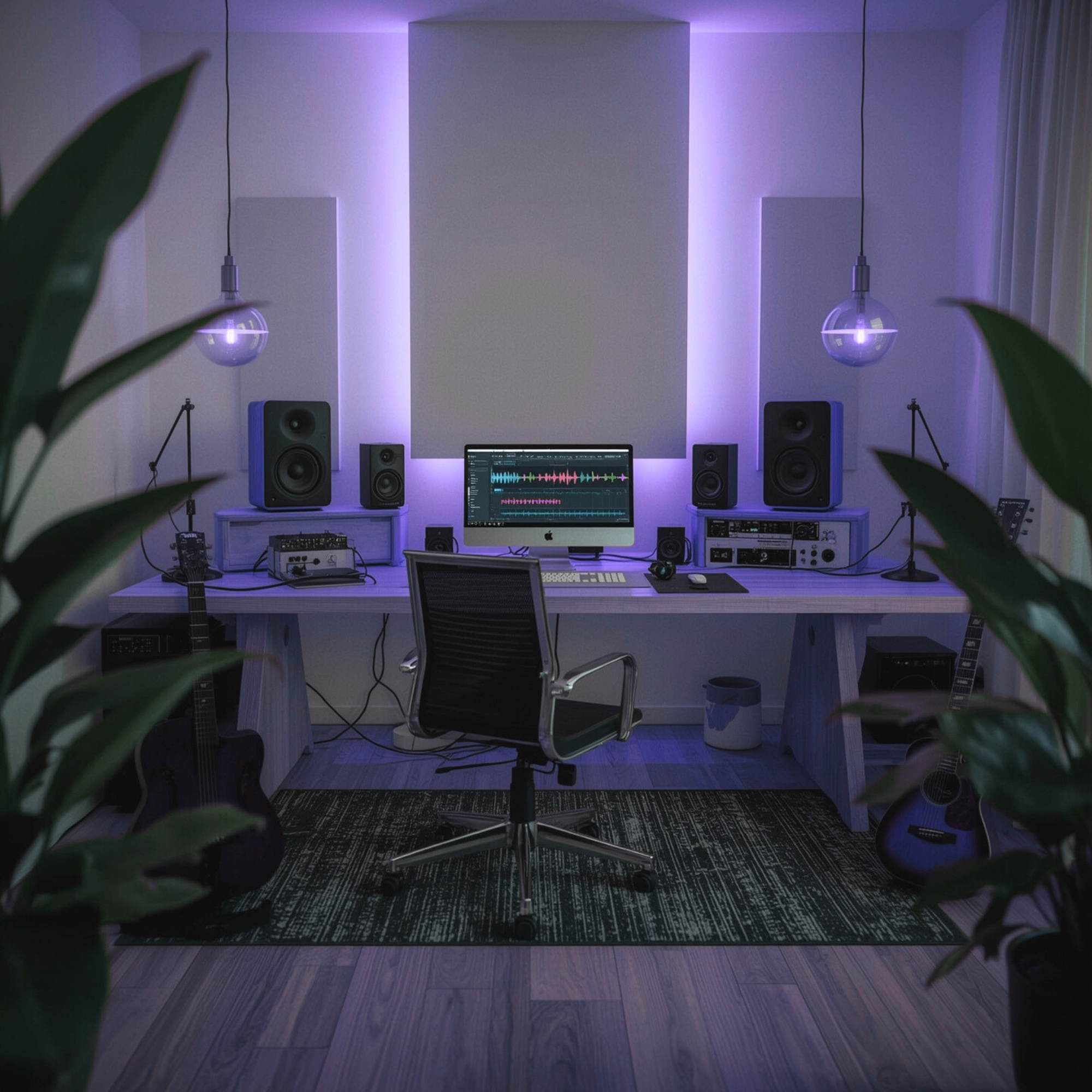A music studio with a computer displaying sound editing software, surrounded by large speakers, guitars, and audio equipment, illuminated with purple LED lighting.