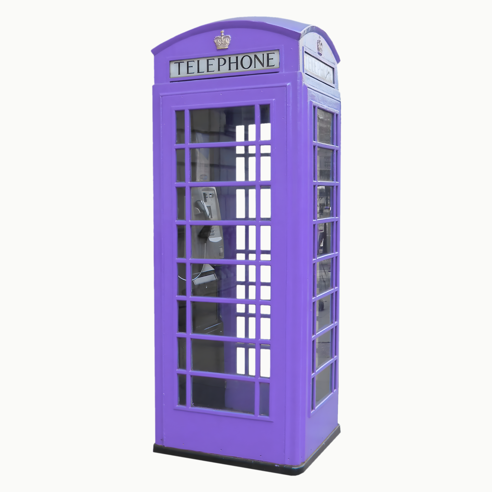 A purple traditional British telephone booth with glass panels and the word 'TELEPHONE' on the top front panel.