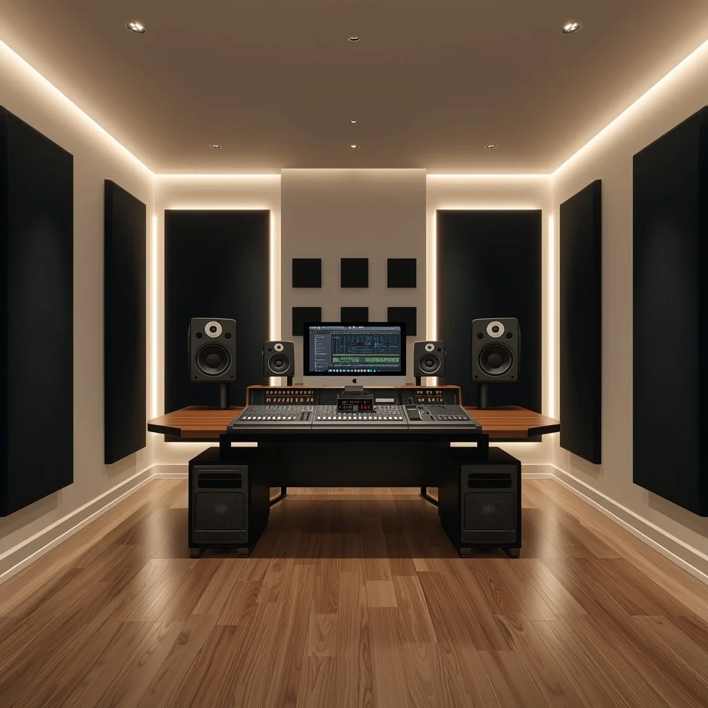 Soundproof recording studio with professional audio equipment, including speakers, mixing console, computer with music production software, and acoustic foam panels.