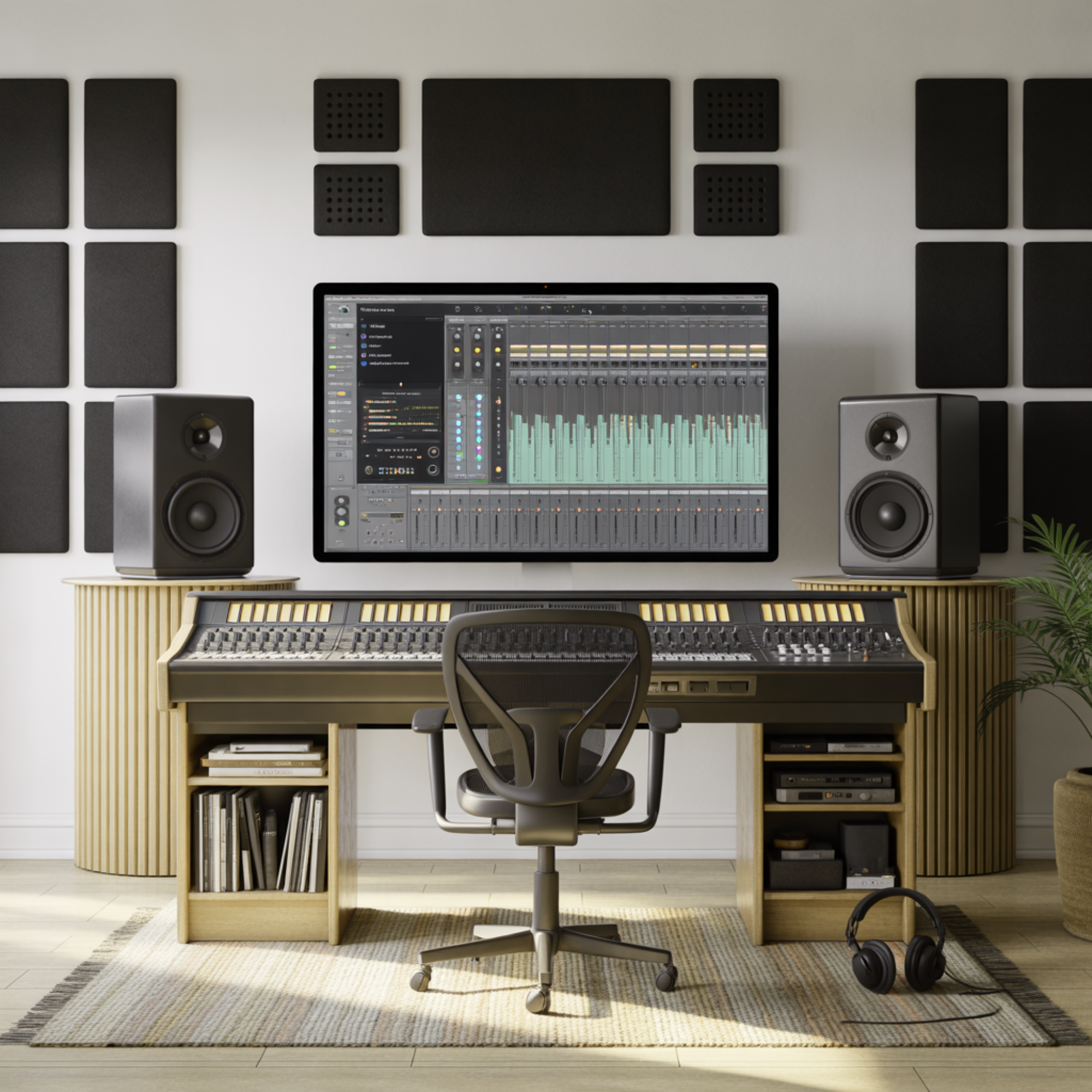 Music production studio with a computer monitor displaying digital audio workstation software, surrounded by studio monitors, a mixing console, bookshelf, headphones, and acoustic foam panels on the wall.