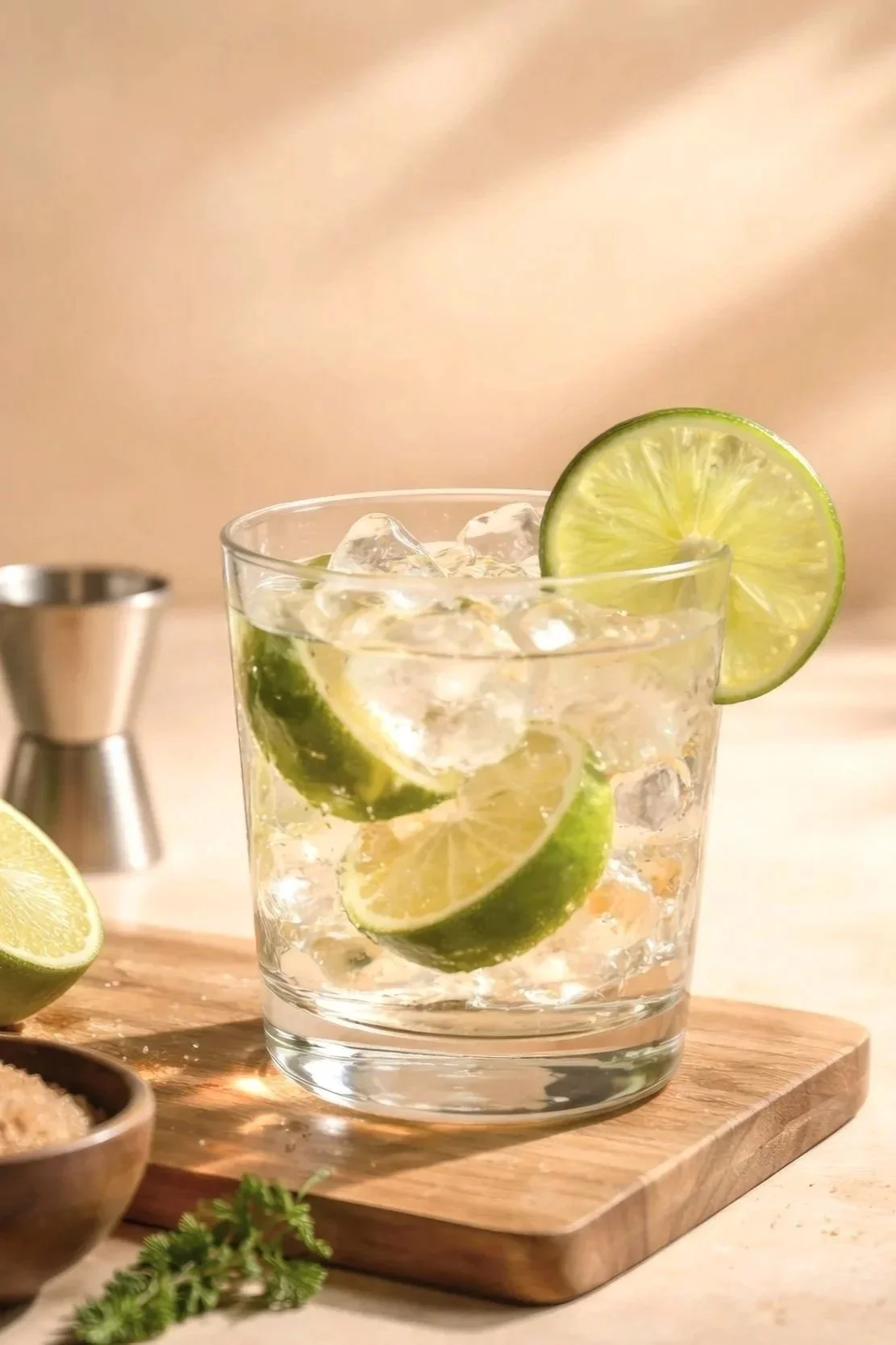 Glass of vodka soda garnished with lime slices and a lime wheel on the rim, placed on a wooden cutting board with additional lime halves and a bartending jigger in the background.