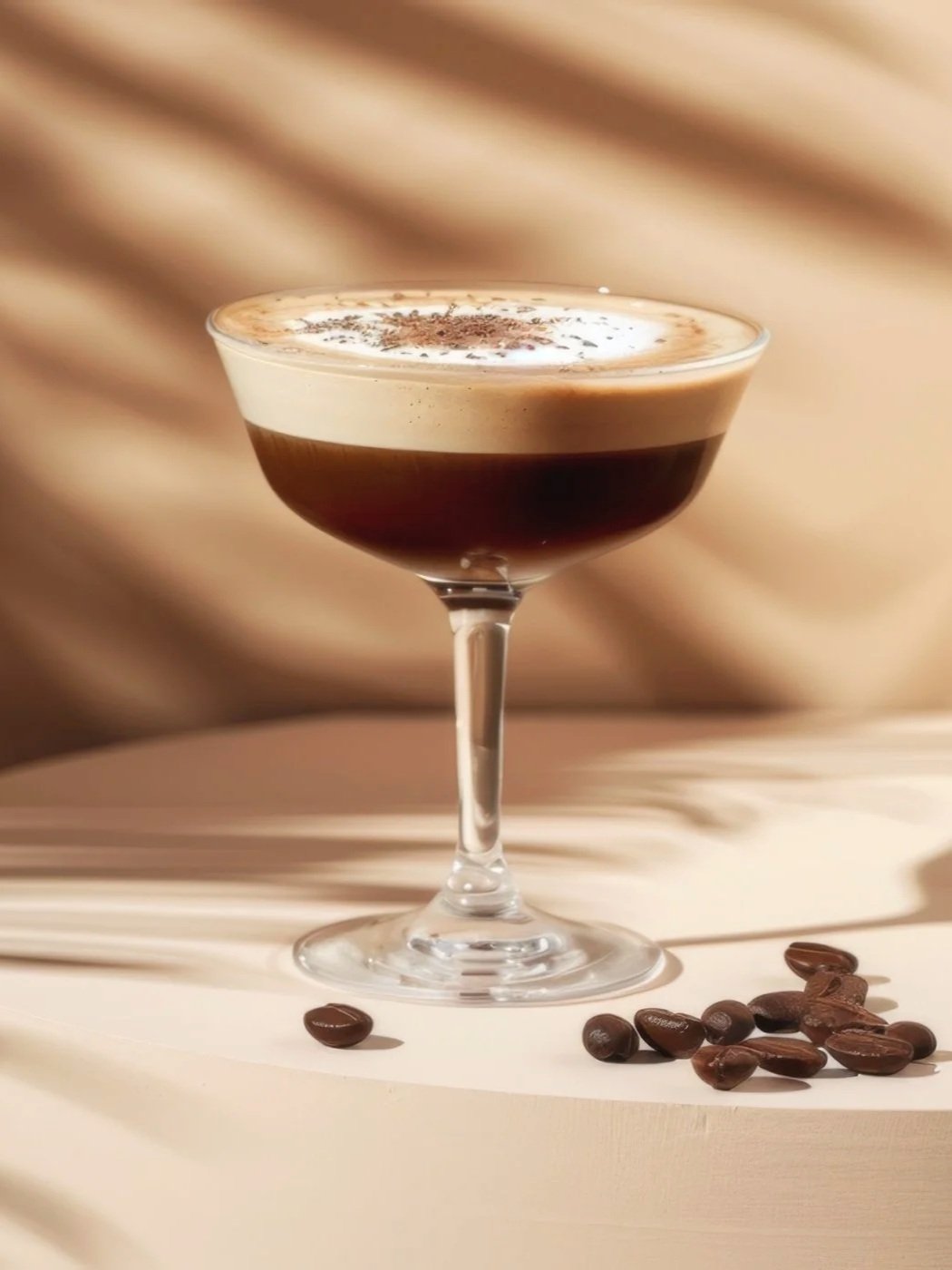 A espresso martini with cocoa powder on top, surrounded by coffee beans, on a light-colored wooden surface with a blurred beige background.