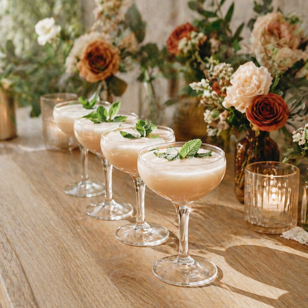 Five cocktails in coupe glasses garnished with mint and basil leaves, arranged on a wooden table with floral arrangements and candles in the background.