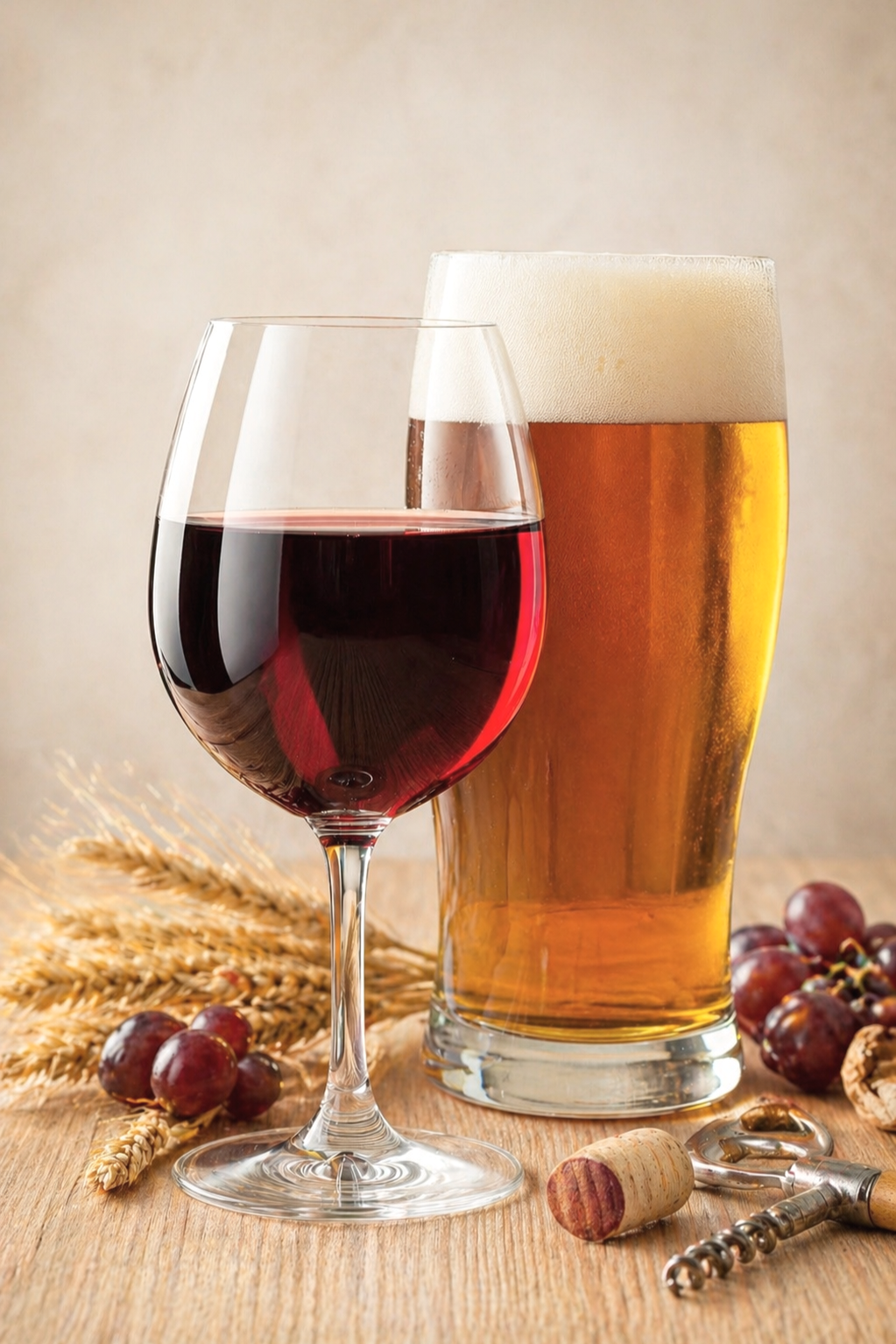 A glass of red wine and a glass of beer with grapes, wheat, corks, and a corkscrew on a wooden surface.