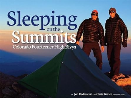 Cover of a book titled 'Sleeping on the Summits' featuring two people in outdoor gear standing next to a tent on a mountain at sunset or sunrise.