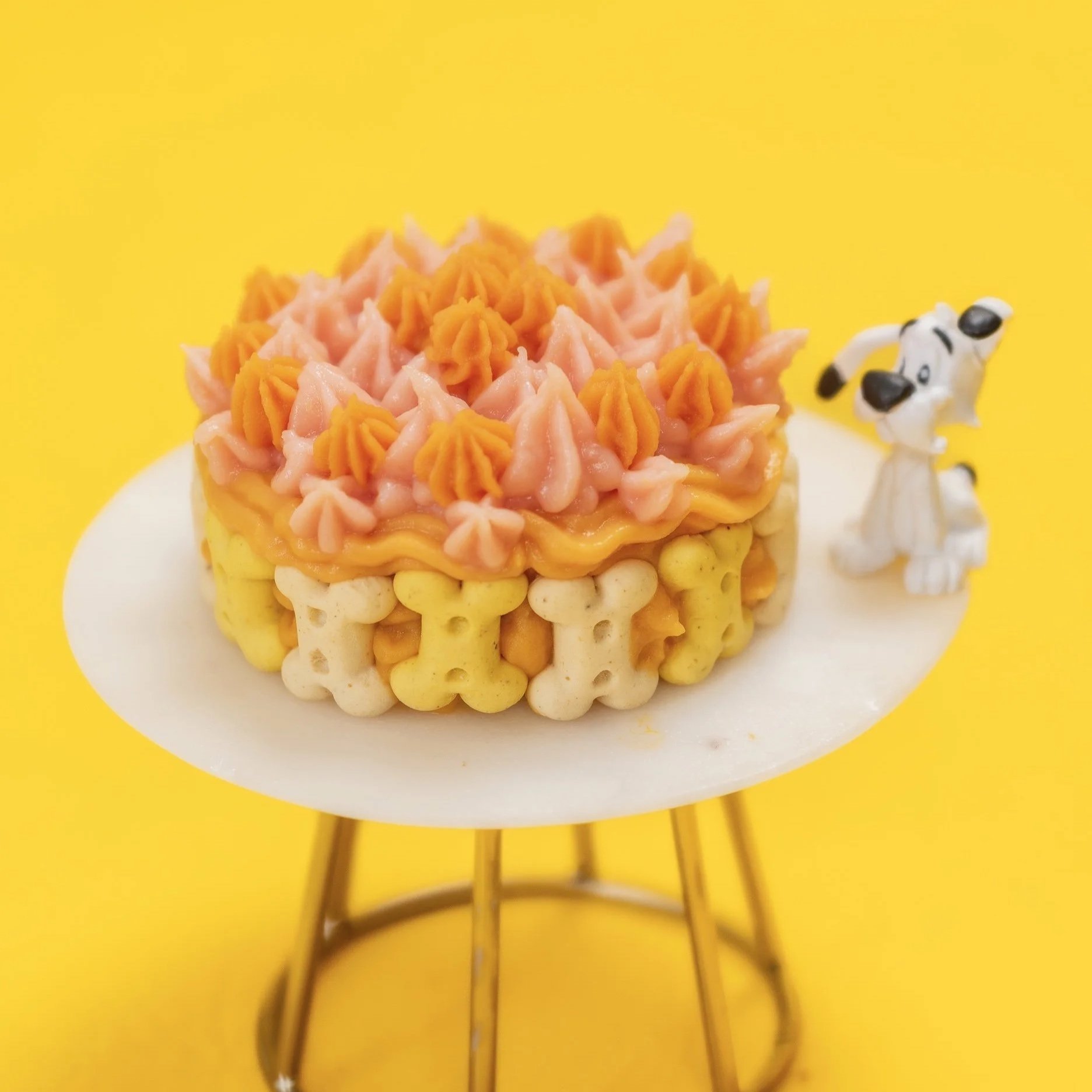 Un gâteau décoré avec des mini-mousses rose et or, entouré d'un motif de cercles, placé sur une petite table dorée avec un fond jaune vif, et une figurine de chien noir et blanc debout à côté.