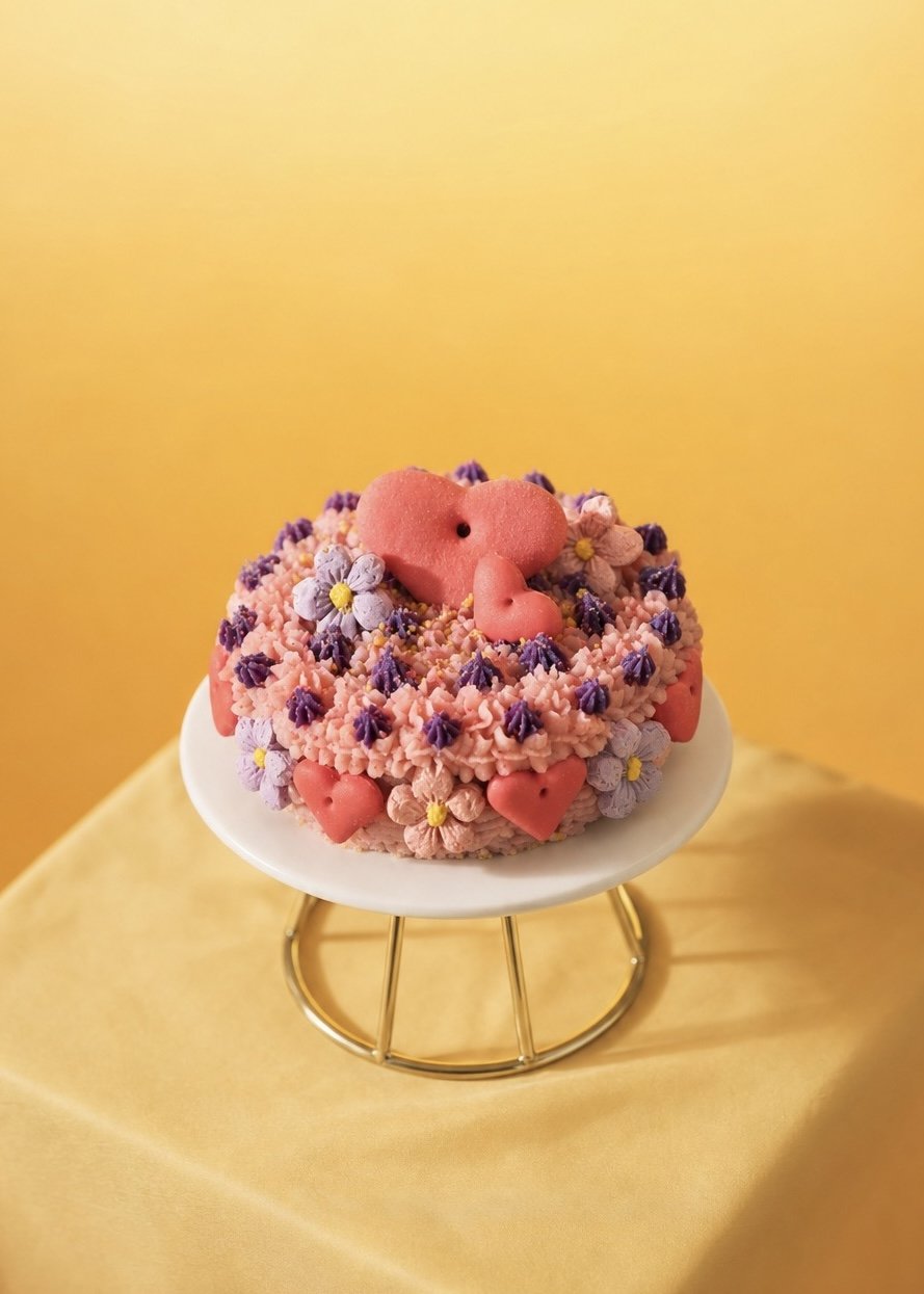 Una pequeña tarta decorada con flores rosas, moradas y amarillas, un corazón rosa y adornos con forma de animales, colocada sobre un soporte para tartas blanco con base dorada, sobre un fondo amarillo.