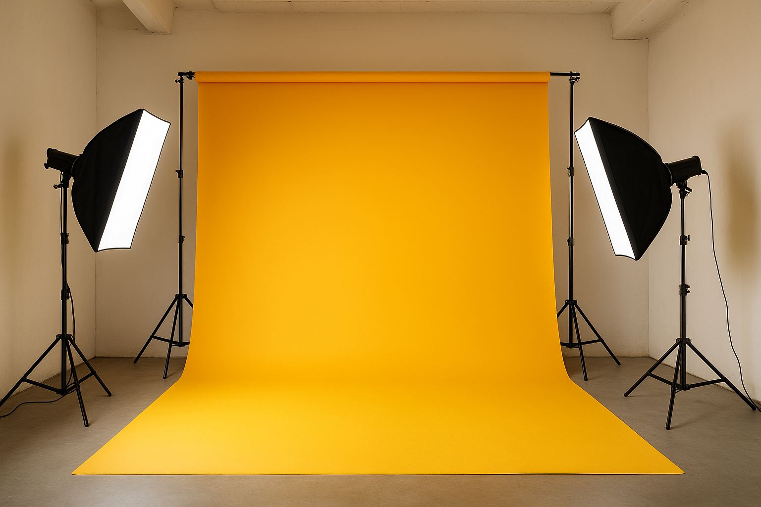 Photography studio with a yellow backdrop and two studio lights on tripods illuminating the backdrop.