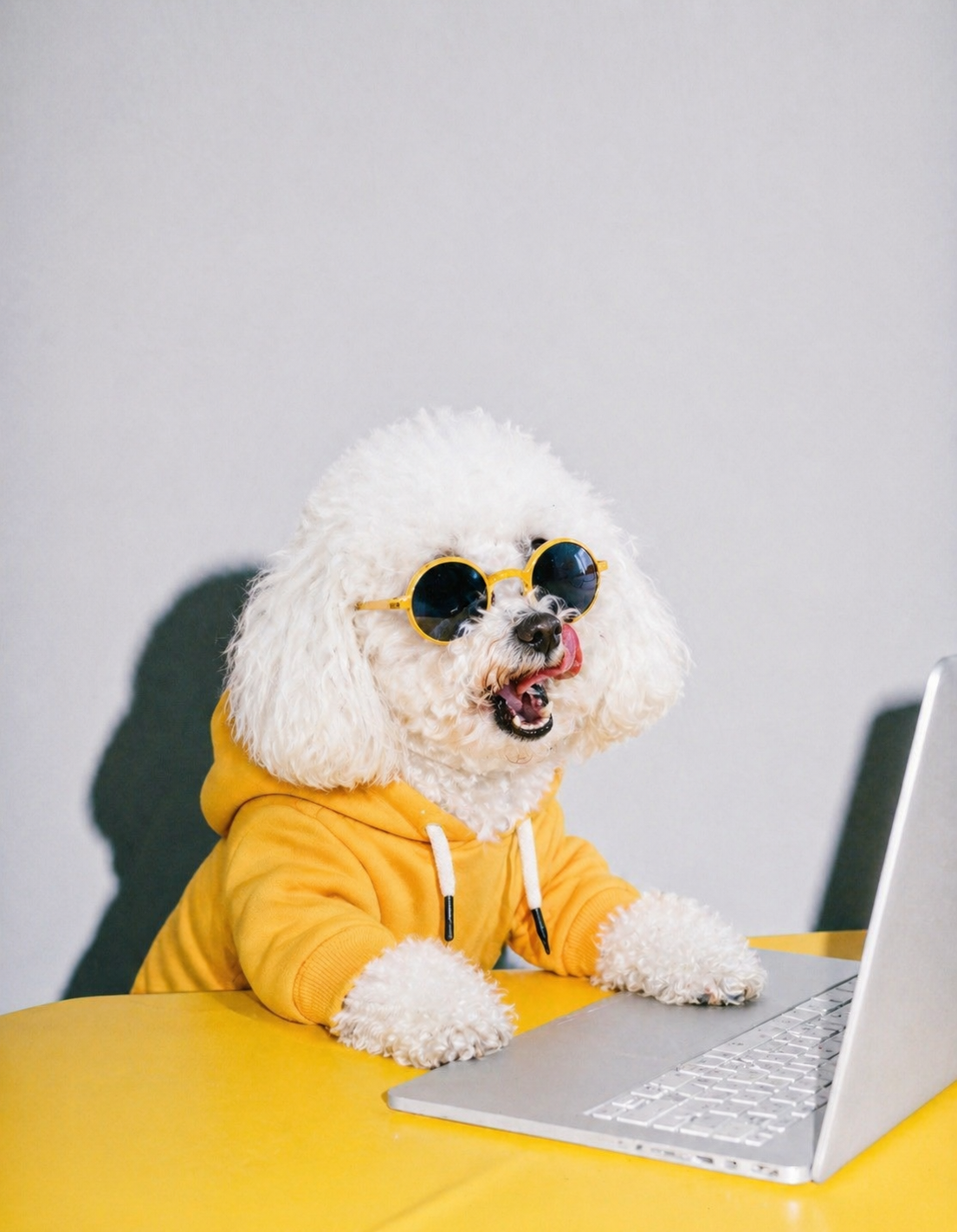 Un caniche blanco con gafas de sol y una sudadera amarilla con capucha, sentado en una mesa amarilla con un ordenador portátil.