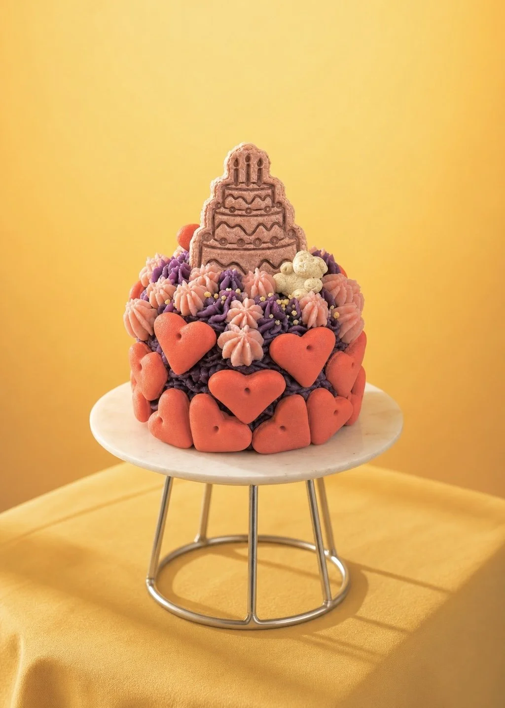 Pastel de colores decorado con galletas en forma de corazón, pequeños profiteroles y glaseado morado y rosa, con un dibujo de una tarta de cumpleaños en la parte superior, sobre un soporte para tartas de mármol blanco con un fondo amarillo.