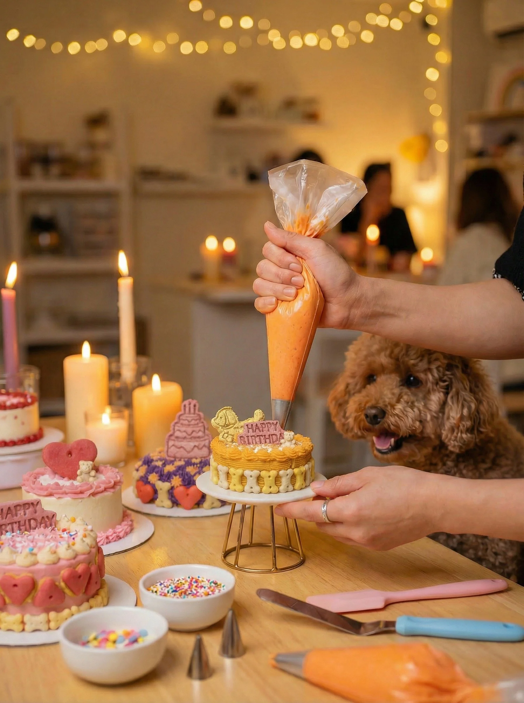 Person holding a piping bag filled with orange frosting, decorating a birthday cake with a