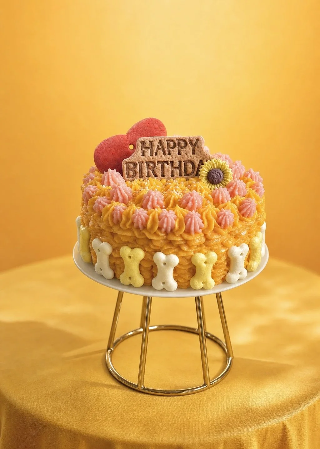 Una colorida tarta de cumpleaños decorada con glaseado rosa y amarillo, una galleta con forma de corazón, un girasol y galletas con forma de hueso alrededor, sobre un soporte dorado con fondo amarillo.