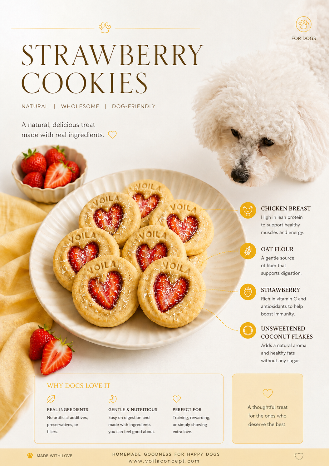 Receta de galletas de fresa para perros con pechuga de pollo y harina de avena, elaborada por Voila Concept