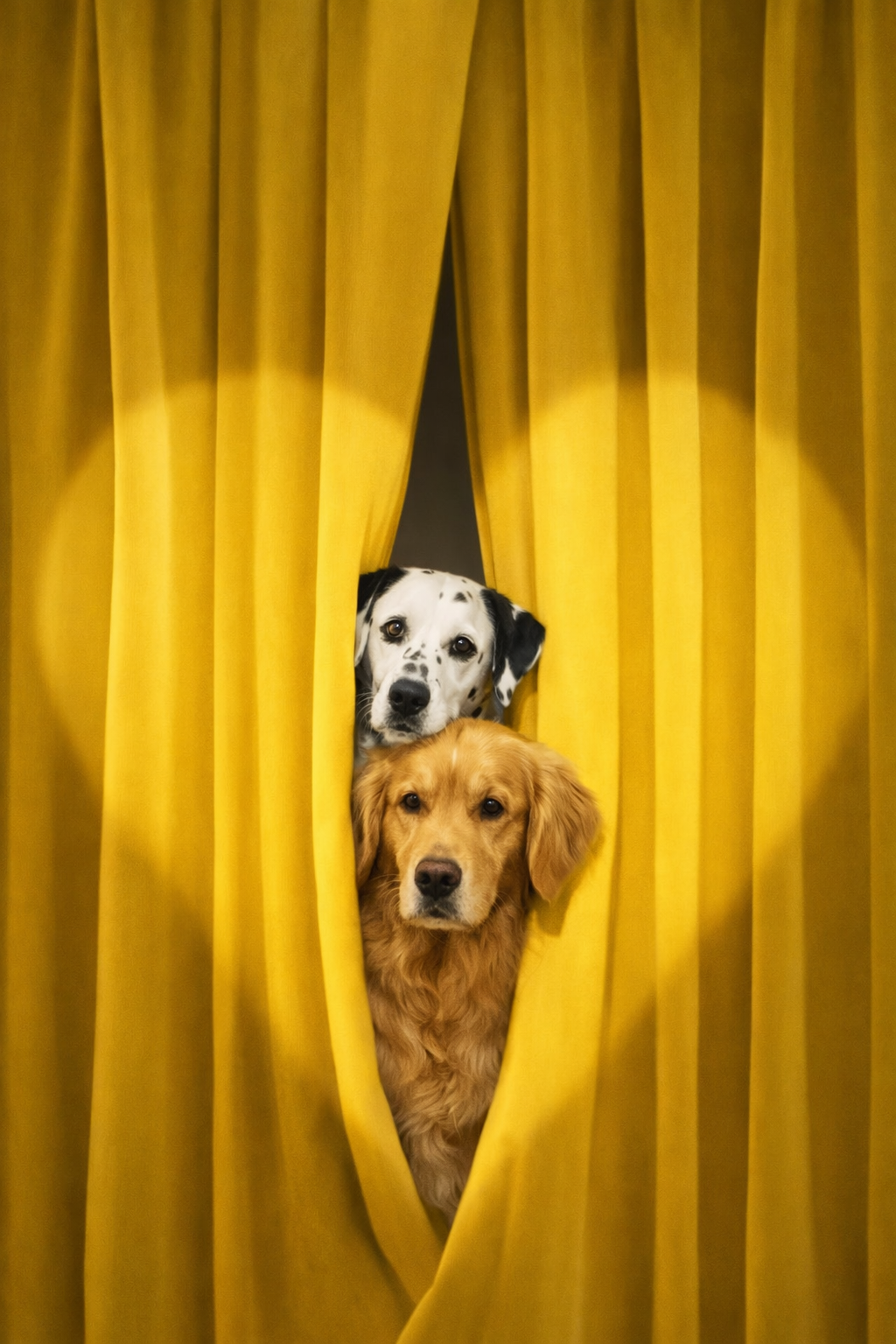 Two dogs peeking through yellow curtains, one Dalmatian and one golden retriever.