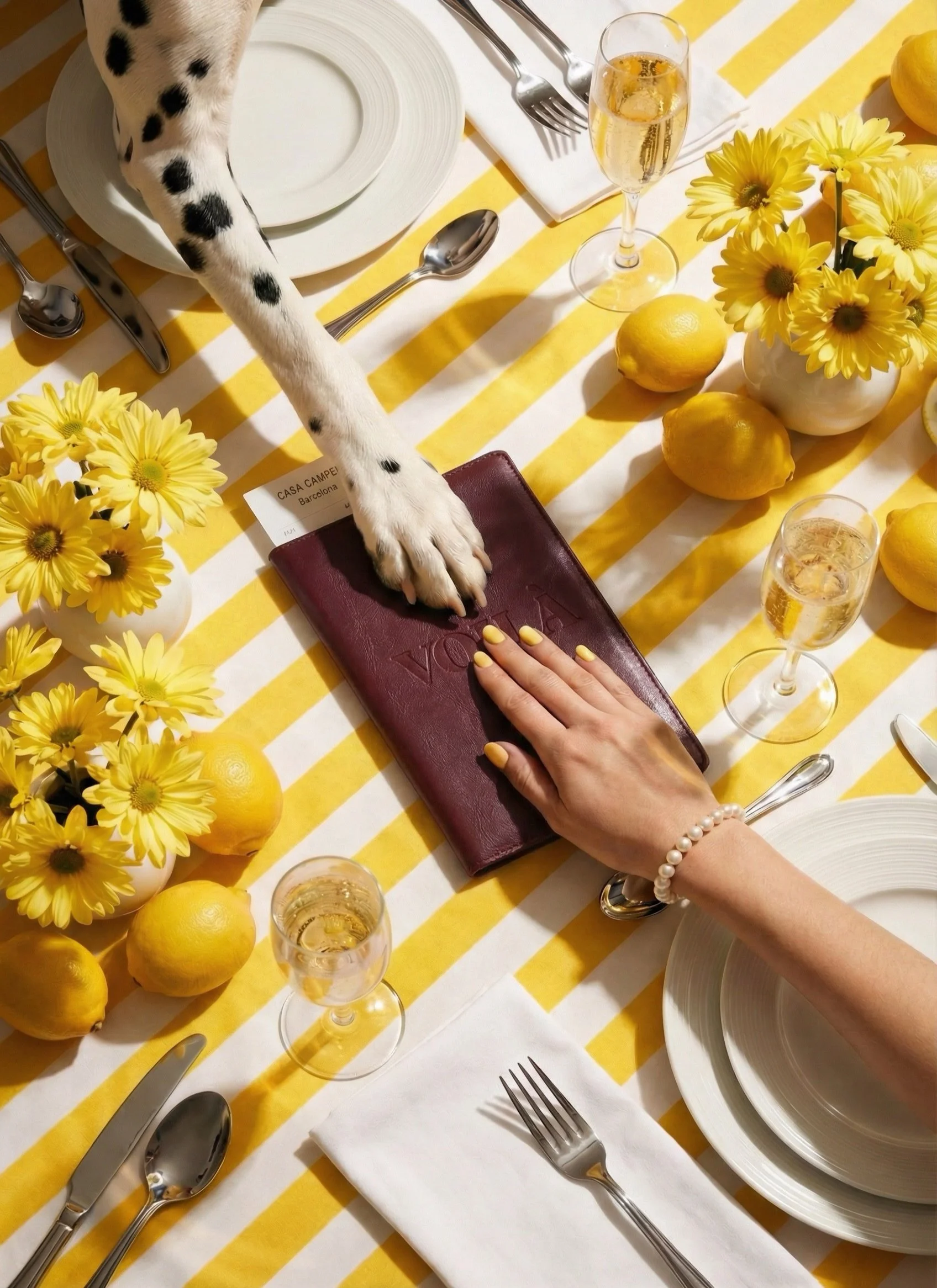 A table set for a meal with a yellow and white striped tablecloth, featuring a white plate, silverware, a folded white napkin, a glass of sparkling wine, a bunch of yellow flowers in a white vase, four lemons, and a person's hand with yellow nail polish and pearl bracelet reaching for a burgundy-colored notebook.
