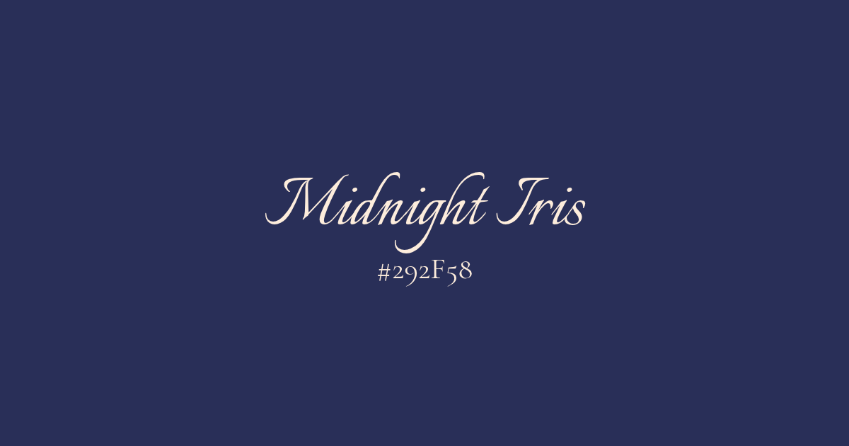 Midnight Iris and its HEX code #292F58 written on a deep navy background.