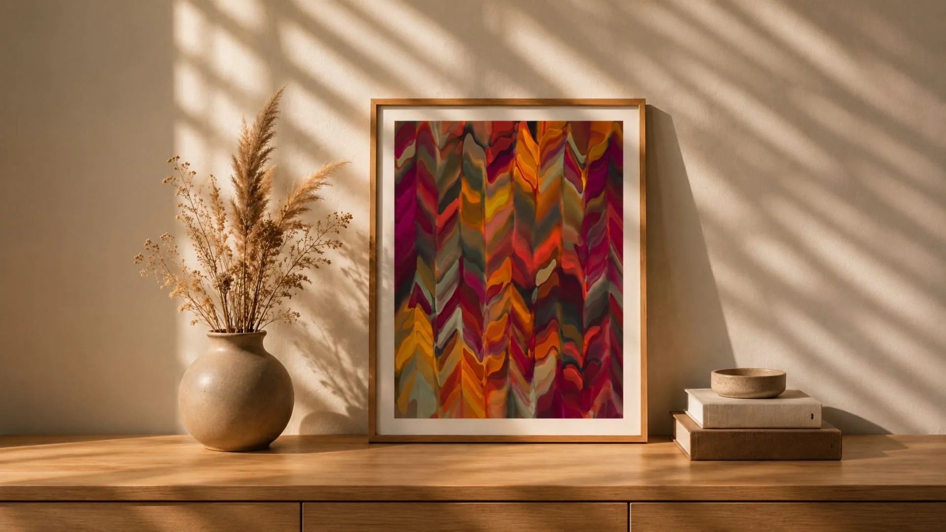 Framed abstract artwork displayed on a wooden console table representing the Causeways Palette Digital Download Policy for downloadable artwork.