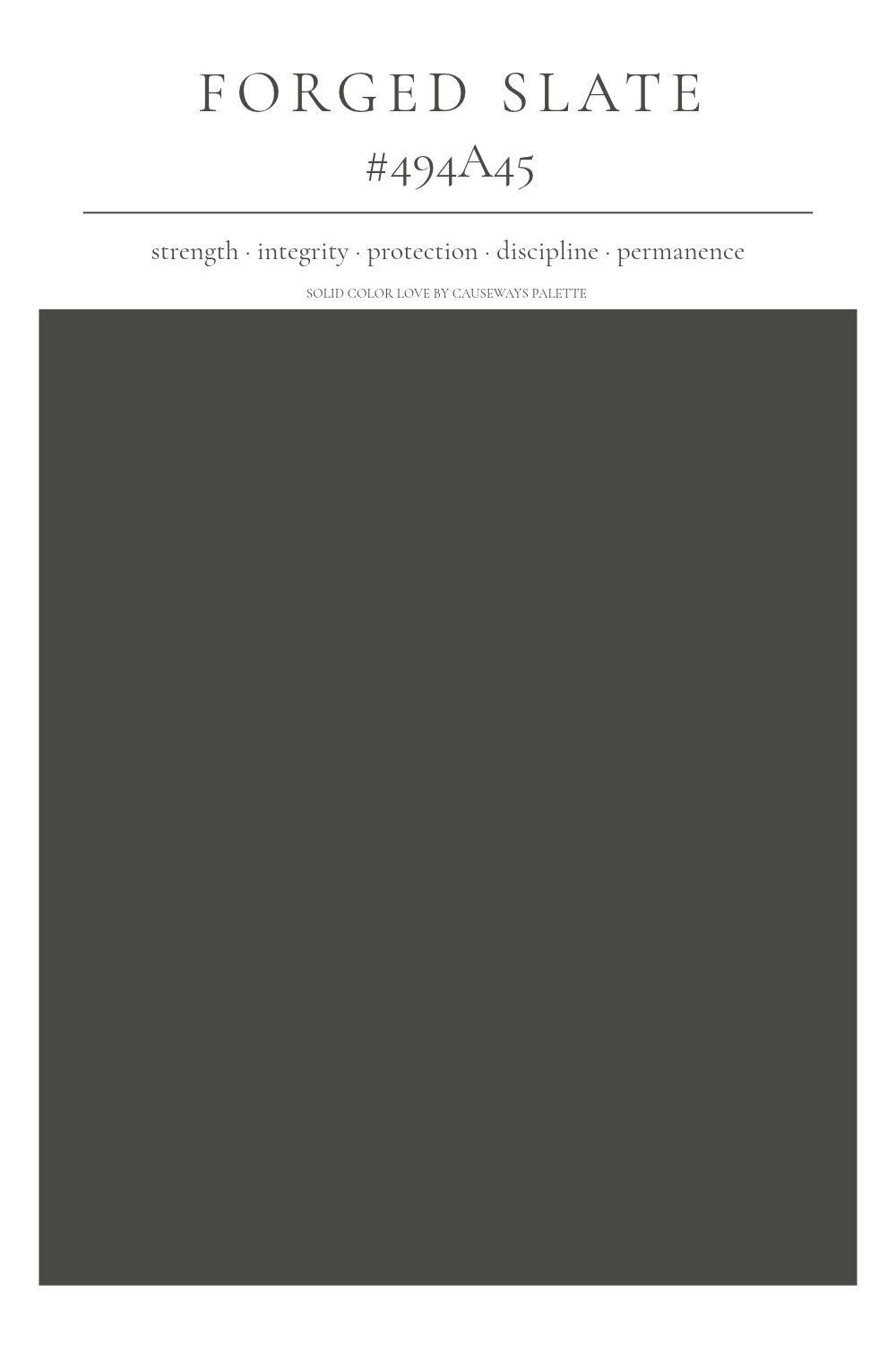 Solid Color Love card for Forged Slate,  #494A45, a dark charcoal gray, listing strength, integrity, protection, discipline, and permanence.