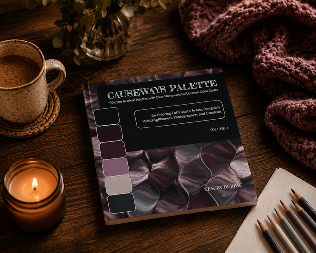 Mockup Image with Causeways Palette Color Inspired Book by Tracey Bureau with Colored Pencils and White Paper in a Cozy Environment with a lit candle and coffee.PNG