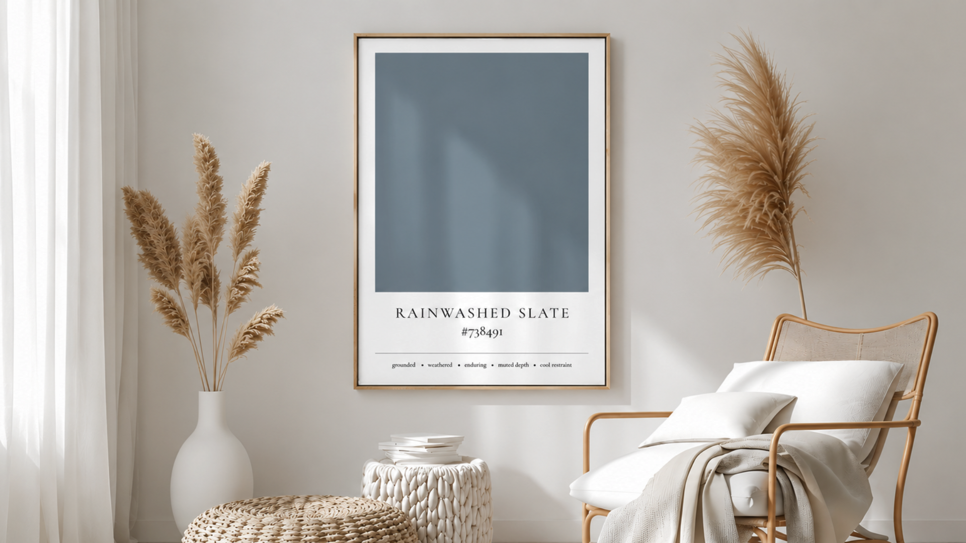 Serene neutral living room with framed Rainwashed Slate color print, dried pampas grass, wicker chair, white pillows, and textured ottoman.
