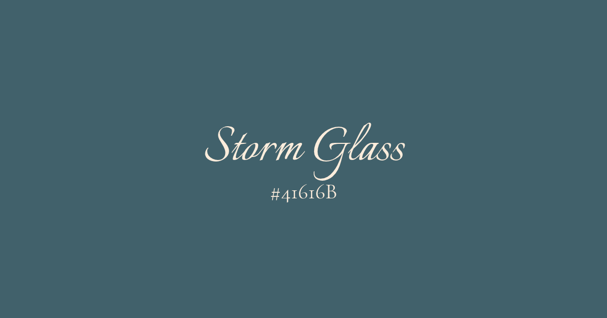 Storm Glass and its HEX code #41616B written on a dark blue-gray background.