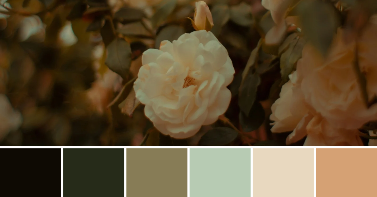 A pale cream rose in full bloom among dark green leaves, with soft peach roses to the right. Below the photo is a row of six colors pulled from it: a near-black brown, a deep olive green, a golden olive, a soft sage, a warm cream, and a muted peach.