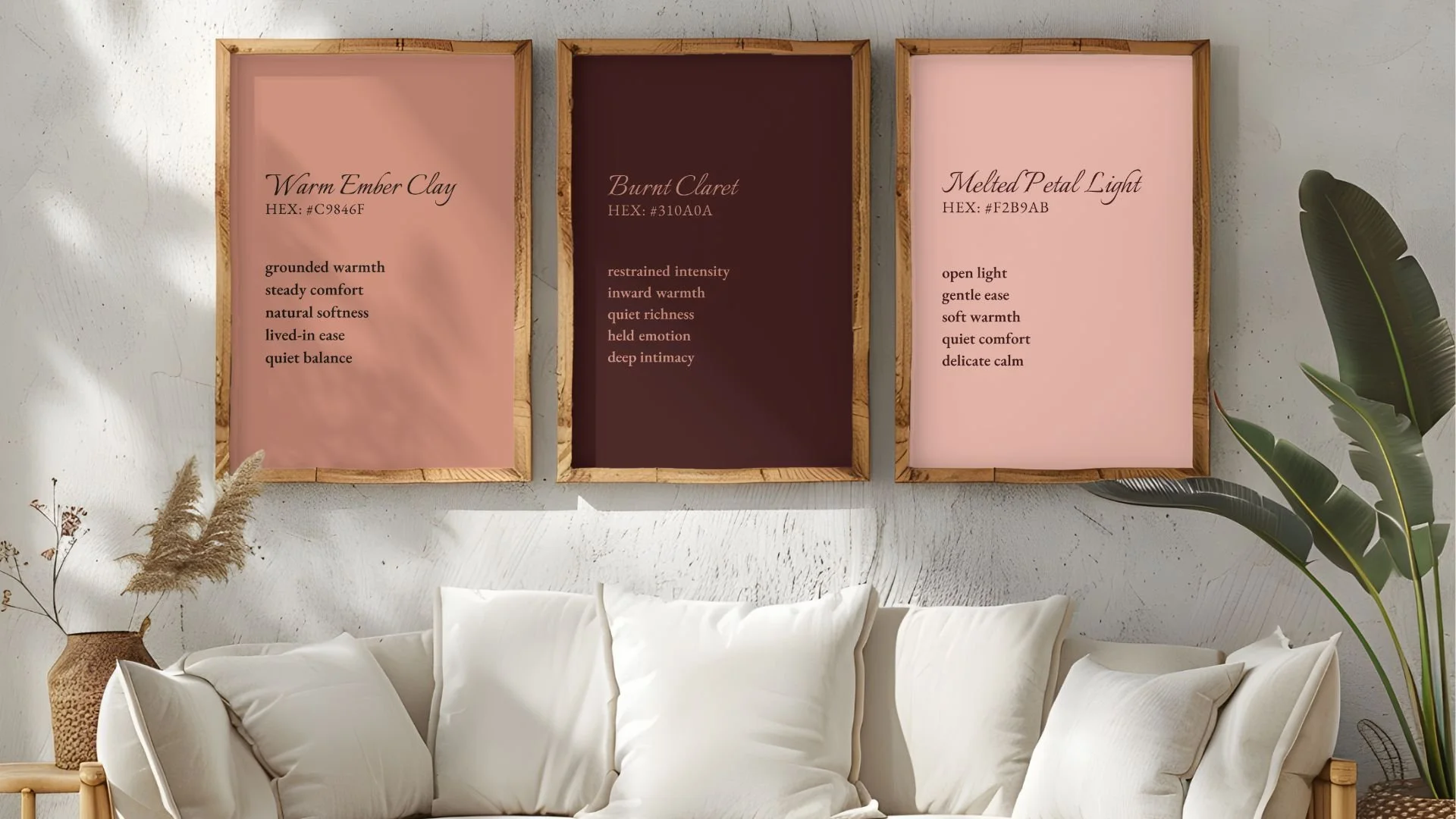 Three framed color swatches on a wall, labeled "Warm Ember Clay," "Burnt Claret," and "Melted Petal Light," with descriptive words and HEX codes beneath each, in a cozy, modern living room.