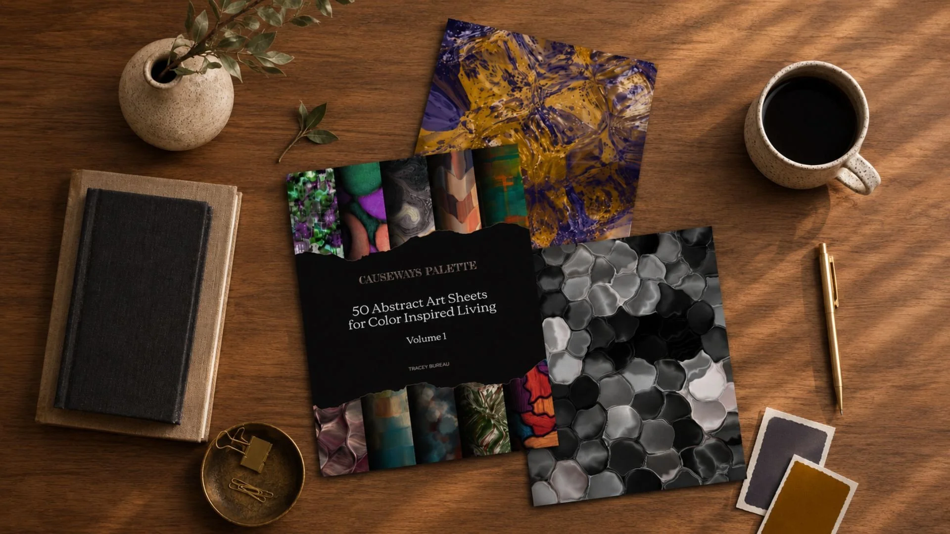 Flat lay of Causeways Palette abstract art sheets and a book on a wooden desk representing copyright and licensing of original creative work.