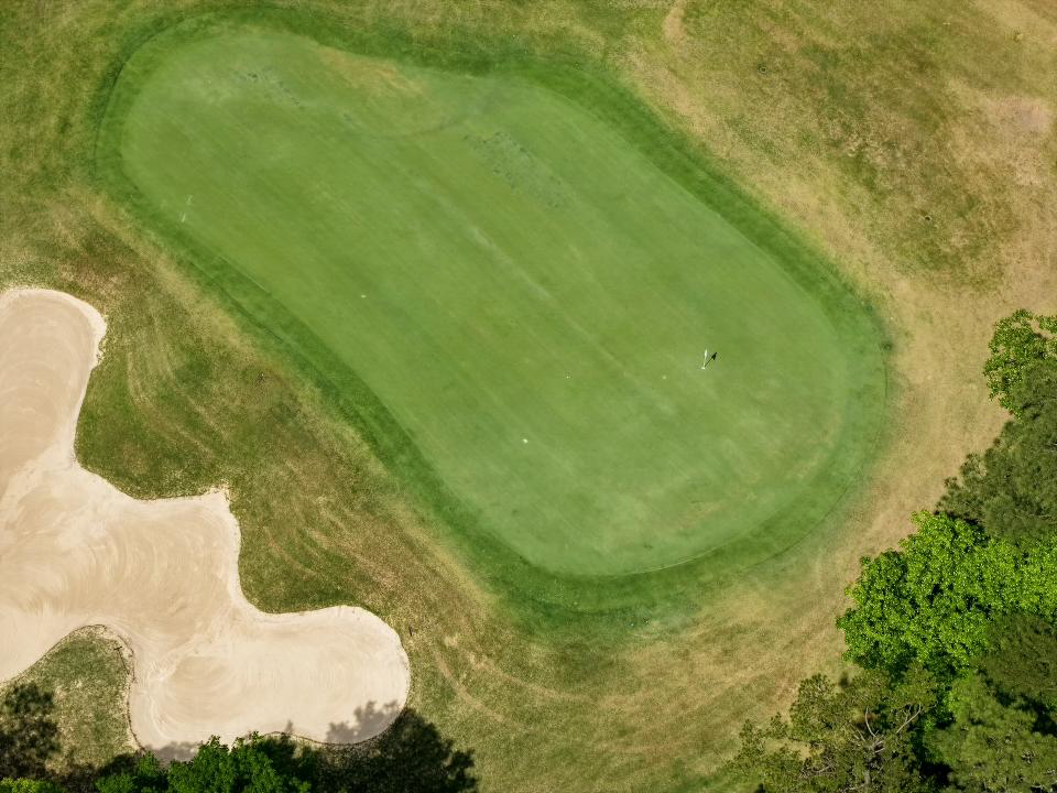 Aerial view of a golf course with a putting green, sand trap, and surrounding trees.