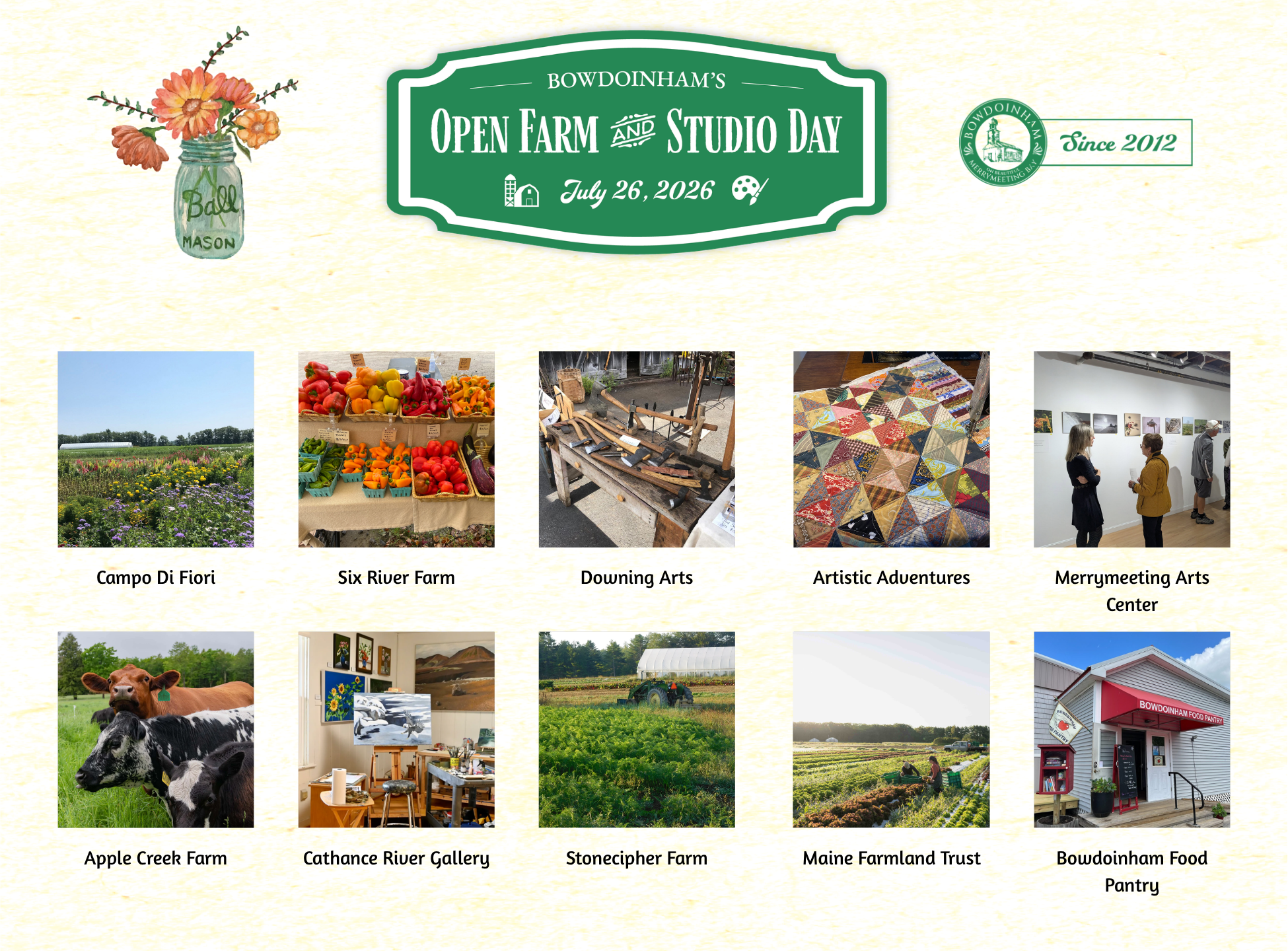 Poster for Bowdoinham's Open Farm and Studio Day on July 26, 2026, featuring images of farms, art galleries, and community spaces in Bowdoinham, Maine.