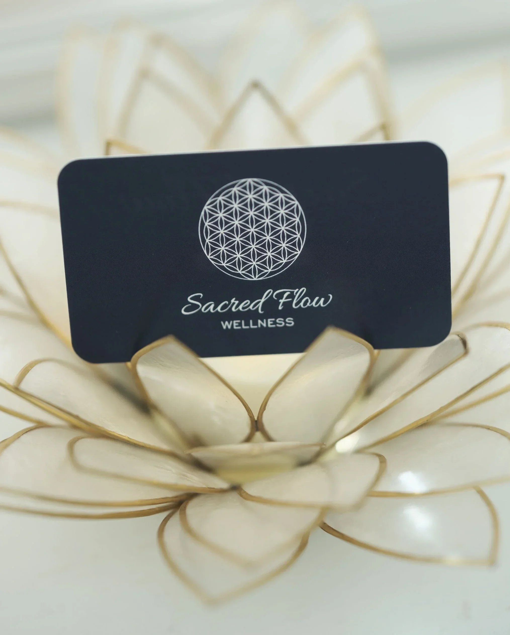 A black card with white geometric logo and text reading 'Sacred Flow Wellness' rests in a gold wire bowl with a grid pattern.