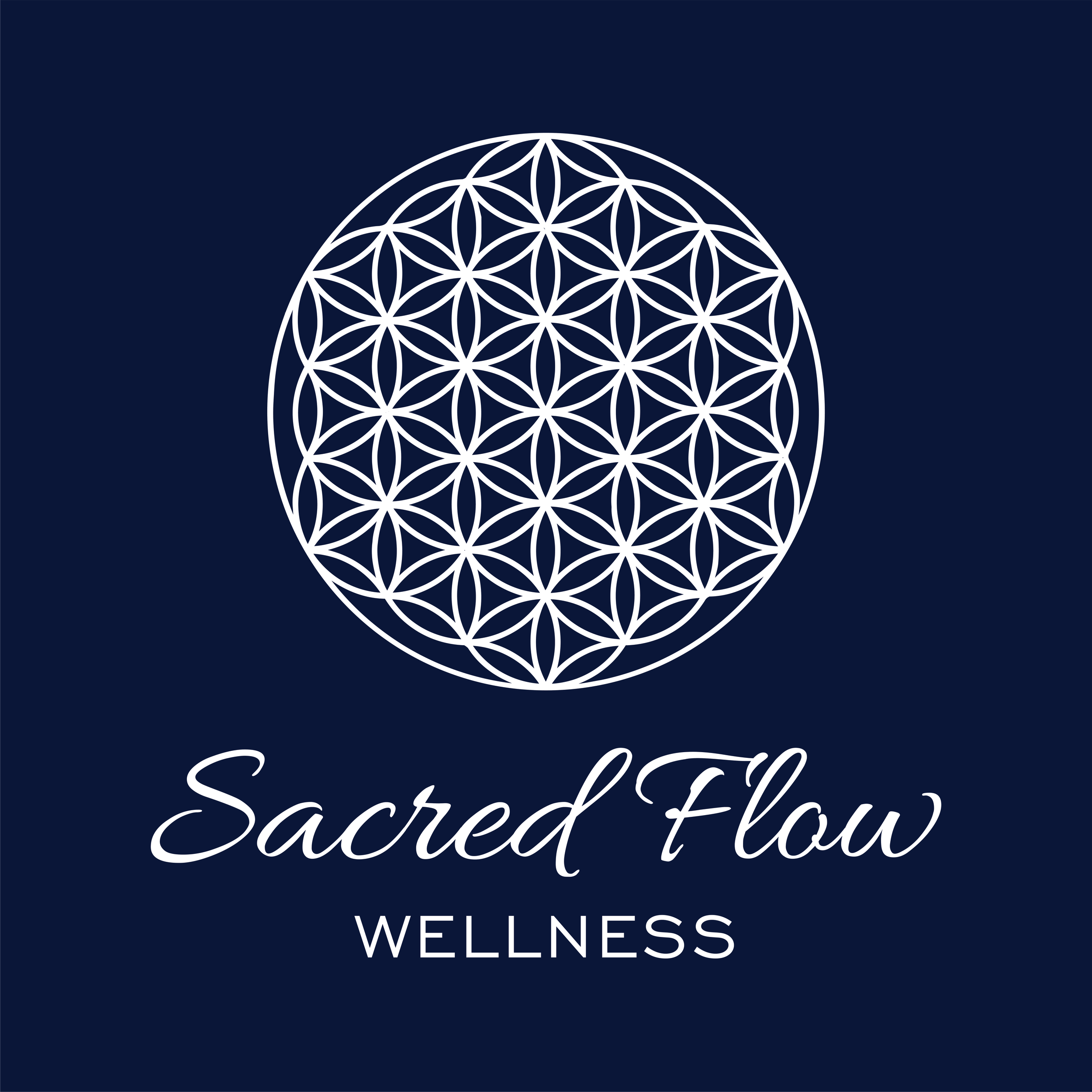 Decorative wellness logo featuring a geometric flower of life pattern inside a circle and the words Sacred Flow Wellness on a navy blue background.