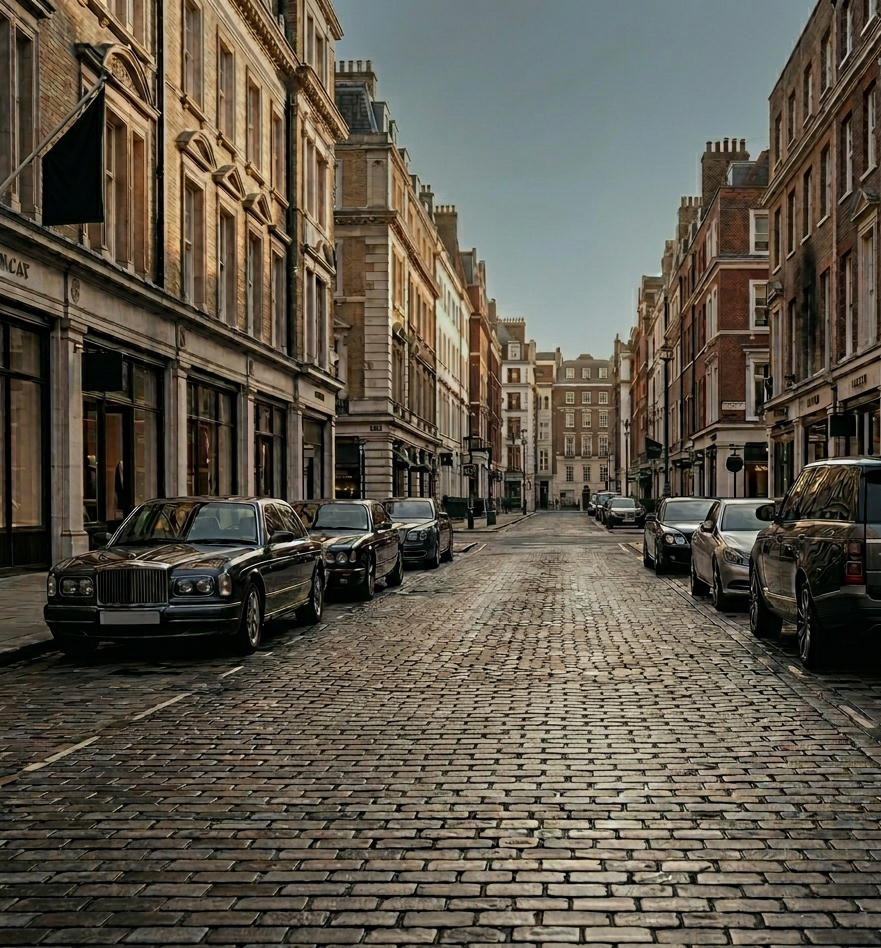 A cobblestone street lined with parked cars and historic buildings in a cityscape, with a clear sky above.
