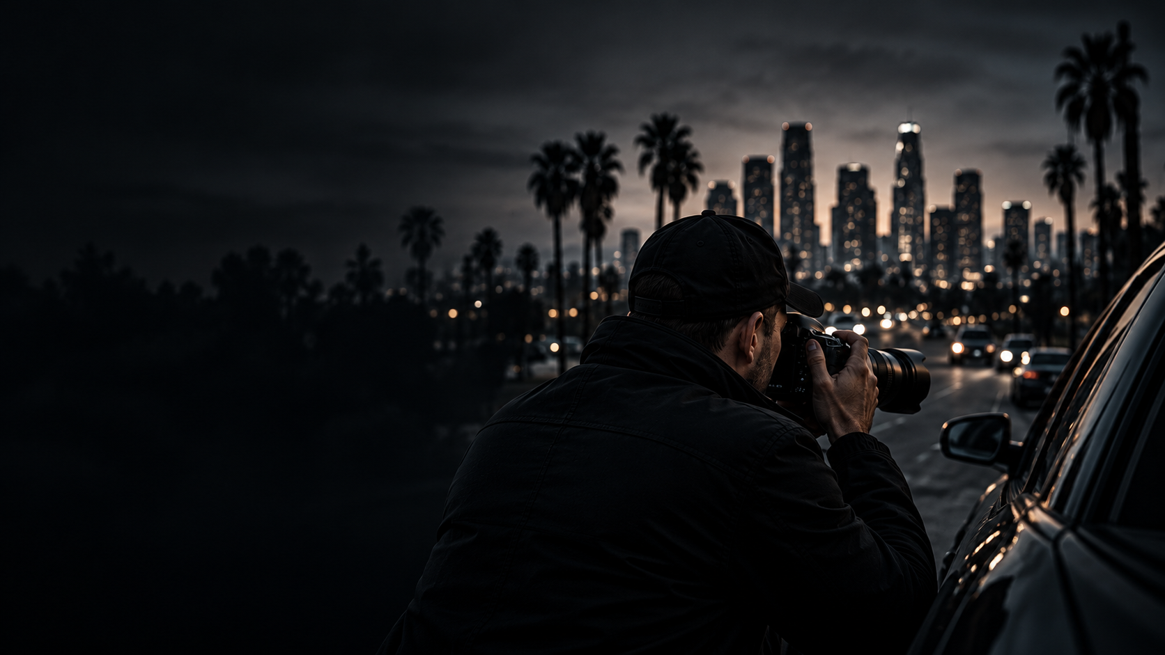 Investigator with a camera overlooking the Los Angeles skyline at dusk.