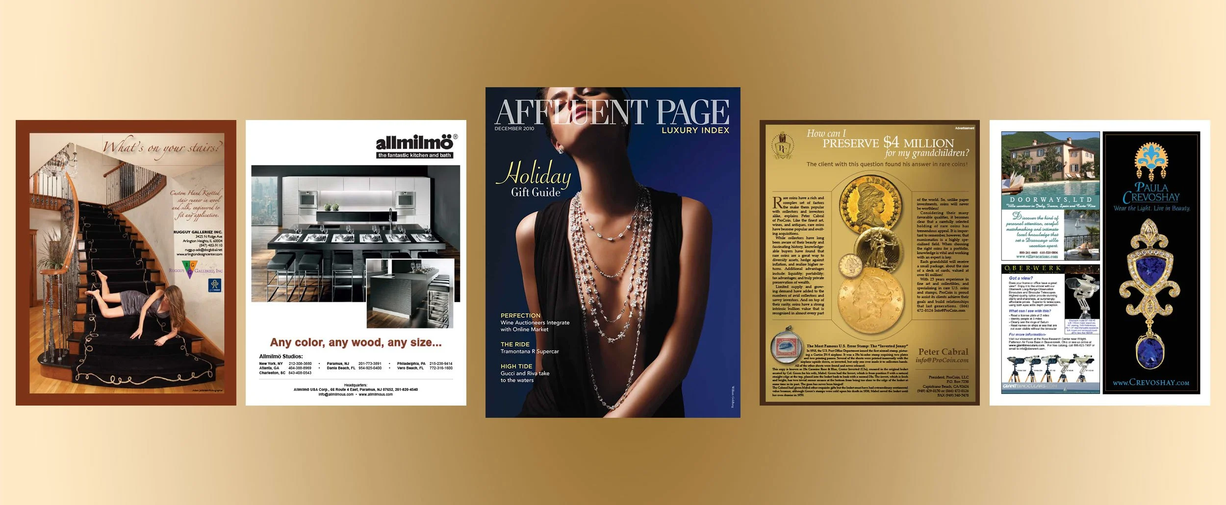 Affluent Page Luxury Index (APLI) Magazine Full Page and Fractional Ads for Various Clients