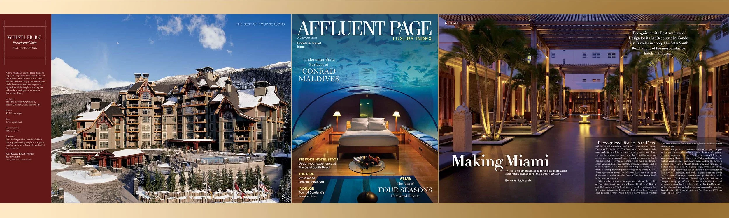 Affluent Page Luxury Index (APLI) Magazine January 2011 Cover and Editorial Spreads