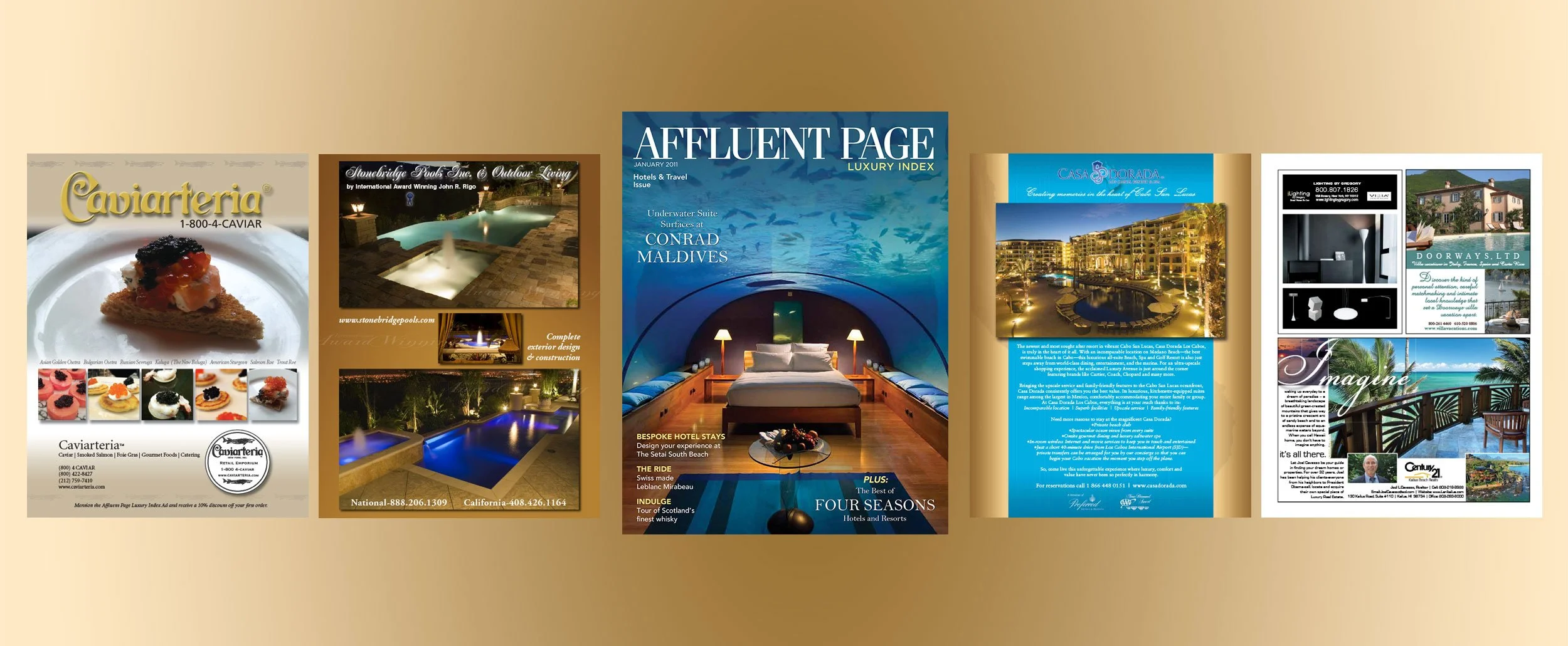 Affluent Page Luxury Index (APLI) Magazine Full Page and Fractional Ads for Various Clients