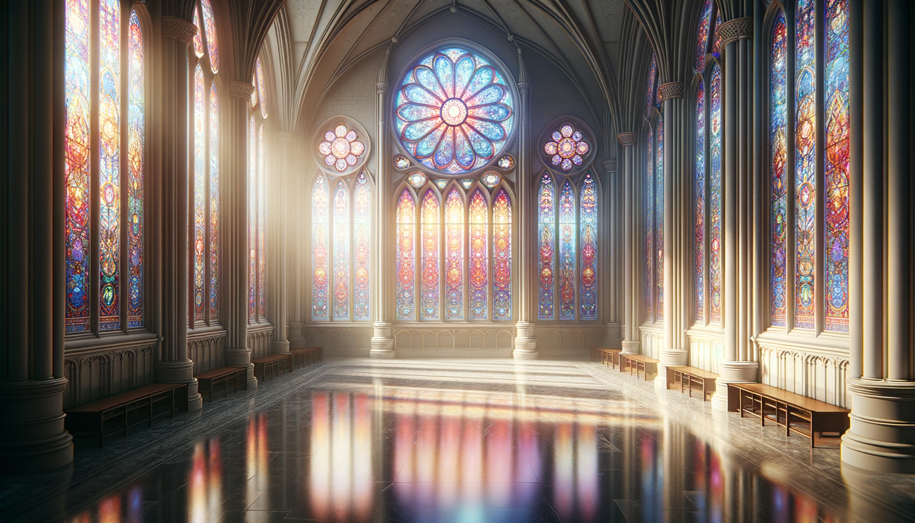 Sunlight streams through colorful stained glass windows in a grand cathedral hall with tall columns and a polished floor.