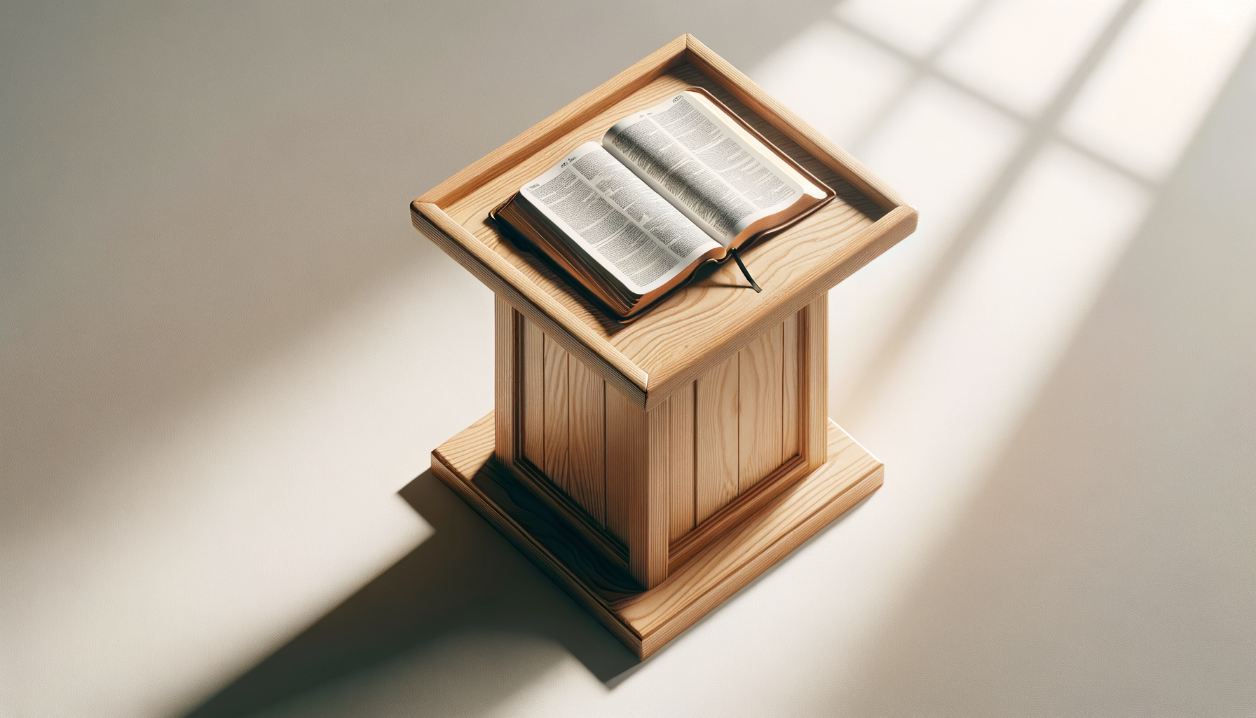An open Bible resting on a wooden lectern in a well-lit room.
