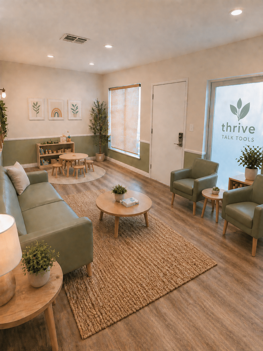 A cozy, modern waiting room with green furniture, wooden accents, potted plants, framed artwork, and natural light from windows.