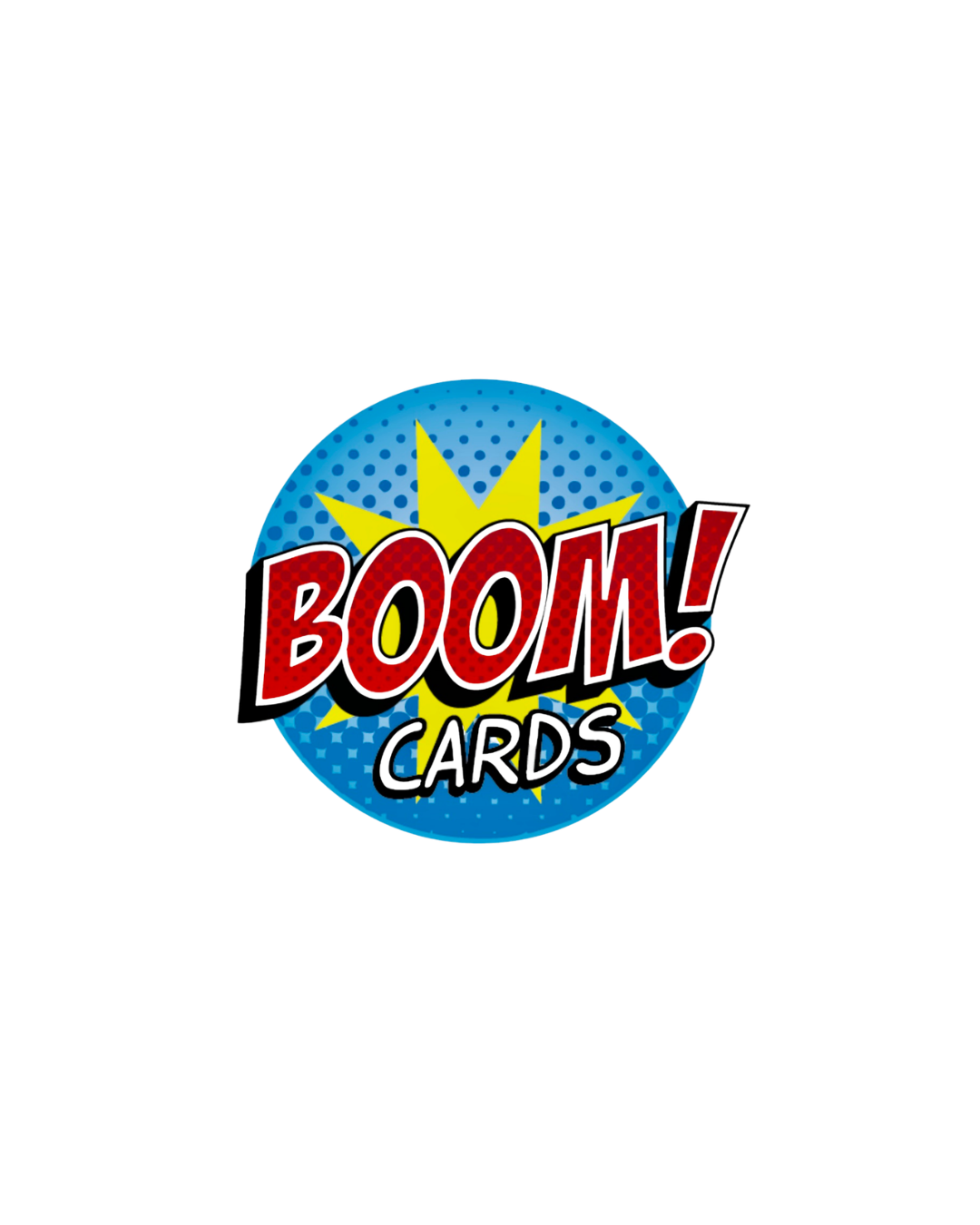 Colorful badge with comic book style: yellow starburst background with blue dotted circle, red text "BOOM!" and black outline, black text "CARDS" below.